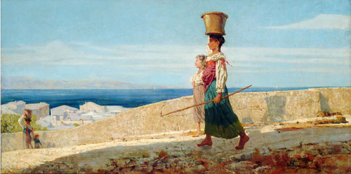 Telemaco Signorini.Aguadoras en la Spezia.1861.Óleo sobre lienzo.60x118cm.Enrico Gallerie de Arte.