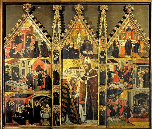 Arnau Bassa.Retablo de San Marcos y San Aniano.1346.Temple y pan de oro sobre tabla 225x254cm.Basílica de Sta.María de la Seu de Manresa Bisbat de Vic. El rico y poderoso gremio de zapateros auspició  este retablo dedicado a su patrón S.Marcos. 