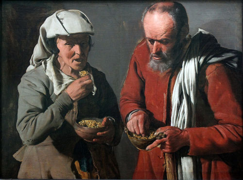 Comedores de guisantes,óleo sobre lienzo,74x87cm.Museo de Berlin.Pareja de indegentes con piel curtida pertenece a su primera etapa,representados con solemne dignidad mientras toman su frugal comida.