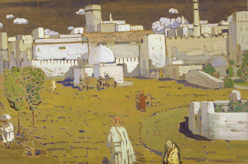 Wassily Kandinsky, Ciudad árabe, 1905. Tempera sobre cartón.67x99cm, Centre Pompidou, Paris. Perfecta síntesis entre la arquitectura islámica y liberación del color y la forma.