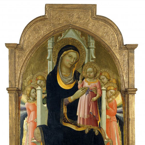 Seis ángeles flanquean el trono de la Virgen llevan incienso.Jesús se levanta el borde de la túnica.El autor no presta atención al espacio y perspectiva.Fue el maestro de Fra Angelico.