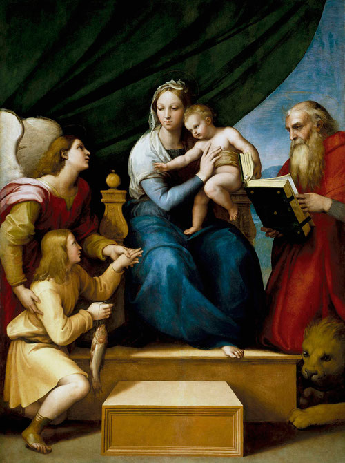 La Virgen del pez.Rafael, 1513-14. La Virgen y el niño con el arcángel San Rafael, Tobías y San Jerónimo. Óleo sobre tabla transferido a lienzo.215x158cm.Museo del Prado, Madrid.Sirvió como cuadro de altar en la capilla de San Jerónimo de San Doménico.