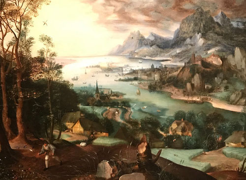 Pieter Brueghel El Viejo y Jacob Grimmer.Paisaje con la parábola del sembrador.1557.Óleo sobre tabla.Colección privada.