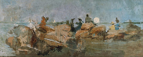 Ignacio Picazo.Anochecer en la escollera,1898-1900.Óleo sobre lienzo.105x265cm.IVAM,Institut Valenciá d´Art Modern, Generalitat,Valencia.Tablillas de pequeño formato,salvo ésta, de pincelada suelta y rápida que denota su amor por el dibujo y acuarela.