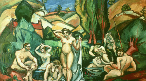 Émile Othon Friesz,Los bañistas de Les Andelys 1908.Petit Palais,Ginebra.Aparece la moda de lo primitivo como fenómeno cultural popular:el valor de volver a encontrar la pureza de los medios,aunque sin hacer tabla rasa del pasado.Actitud regresiva en arte