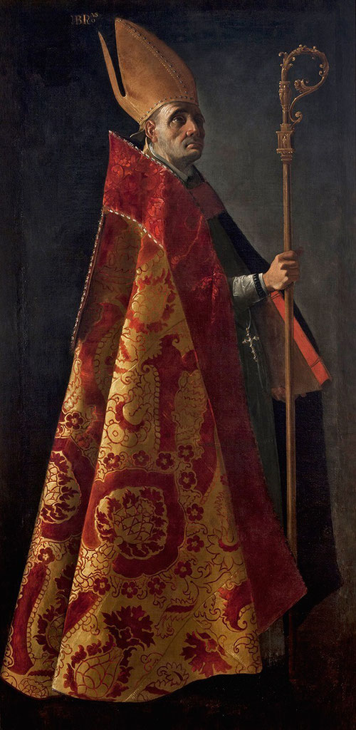 San Ambrosio,1626.Óleo sobre lienzo.207x101cm.Museo Bellas Artes de Sevilla.Los postulados de la Reforma católica incluyen los 4 doctores de la Iglesia y 14 episodios de Sto Domingo.Silueta monumental, impresionante,iluminación caravaggiesca.Capa pluvial!