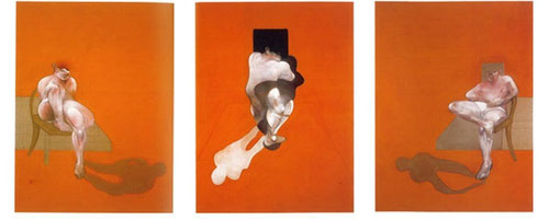 FRANCIS BACON.Tríptico 1983.Óleo sobre pastel y lienzo.Al considerar el arte como una obsesión de la vida, justifica su obsesión por la figura humana.Un hombre solo en la habitación con rostro desfigurado.Pintura abstracta sobre espectacular fondo naranja