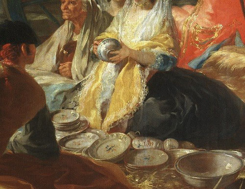 Detalle del cacharrero,1779.Goya.Cartón destinado a los tapices del comedor de príncipes, junto a la bollera de la fuente, vendedores ambulantes, una realidad contemporánea que fomenta la identidad española y la importancia de la loza y porcelana.