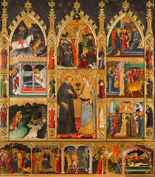 Pere Serra y Jaume Serra.REtablo de San Julian y Santa Lucía.1384-85.Temple y pan de oro sobre tabla.370x330cm.Zaragoza.Monasterio de la Resurrección,Canonesas de Santo Sepulcro.Santa Lucía fue muy popular en la Baja Edada Media,las escenas de su martirio