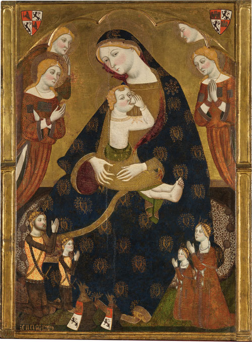Jaume Serra, Virgen de Tobed, 1366-69.Temple y pan de oro sobre tabla,161x117cm.Museo Nacional del Prado, donación de la familia Varez Fisa. En plena guerra fratricida Enrique proyecta la imagen de monarca elegido y coronado agradeciéndole a la Virgen.