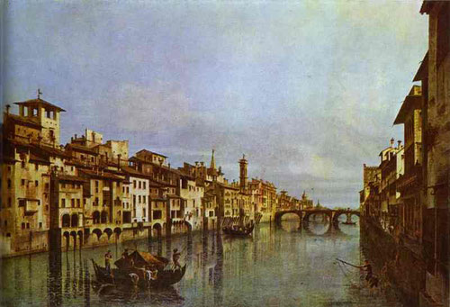 Bernardo Bellotto.El Arno en Florencia 1740. Cuando el artista tenía 17 años invitado a Florencia por el Marques de Gerini para el que hizo varias "vedutas", sobrino de Canlletto demuestra una técnica depurada y juego magistral de luces y sombras.