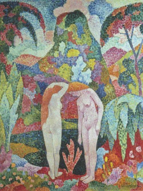 J. Metzinger, Bañistas en paisaje exótico. Óleo sobre lienzo.116x88cm.Colección Carmen Thyssen. Prueba evidente de  la relación de Gauguin con los fauves y el significado simbólico de formas y colores.