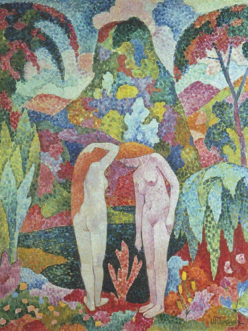 J. Metzinger, Bañistas en paisaje exótico. Óleo sobre lienzo.116x88cm.Colección Carmen Thyssen. Prueba evidente de  la relación de Gauguin con los fauves y el significado simbólico de formas y colores.