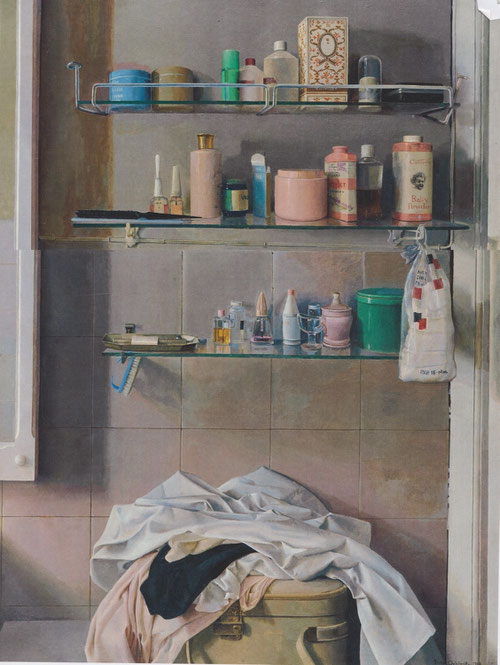 Isabel Quintanilla.Cuarto de baño 1968.Óleo sobre tabla 100x75cm.Colección Javier Elorza.