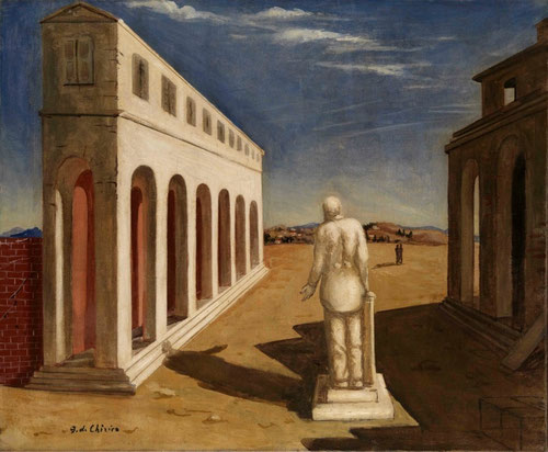 Giorgio de Chirico.Souvenir d´Italie.Museo de Arte Moderno y Contemporáneo de Trento e Rovereto.Relaciona diferentes volúmenes geométricos como en un juego de asociaciones o escena teatral.Fue soldado durante la 1ª Guerra Mundial en Ferrara.