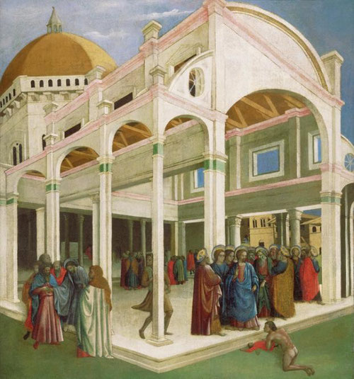 Francesco DÁntonio."La curación del niño endemoniado y la traición de Judas" 1425.Temple y oro sobre lienzo.Philadelphia Museum of Art.Sorprende cómo enlaza el autor dos pasajes bíblicos sin aparente relación, hecho que no pasó desapercibido a Vasari.