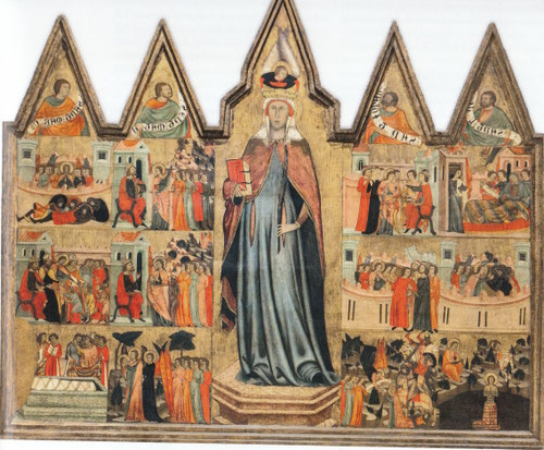 Joan Loert(Maestro de los privilegios).Retablo de Santa Quiteria, 1337.Temple y pan de oro sobre tabla.202x247cm.Museo de Mallorca. Poderosa personalidad pictórica en el reino de Mallorca de obras para clientes destacados.