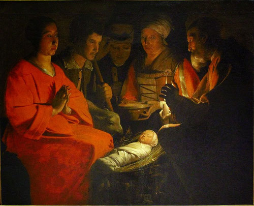 La Adoración de los pastores.Óleo sobre lienzo.107x131cm.Musée de Louvre.Composición en diagonales cruzadas y los tres pastores al fondo como eje vertebral, San José ilumina al Niño mientras su Madre reza.