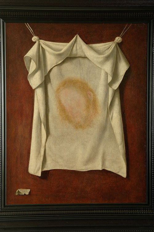 Francisco Zurbarán.La Santa Faz 1658.Óleo sobre lienzo,105x83cm. Valladolid, Museo Nacional de Escultura.Gran originalidad narrativa difuminando completamente el rostro de Cristo con mancha sanguinolienta de gran emotividad.