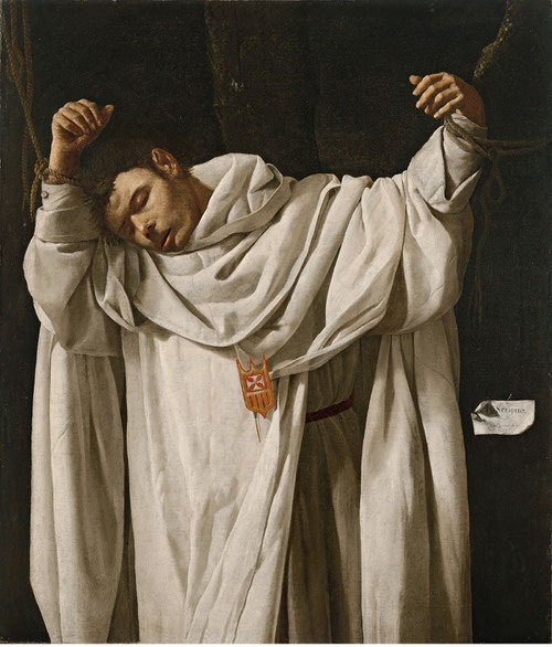 San Serapio,1628.120x104cm.Firmado en cartela dcha.Hartford,Wadsworth Atheneum Museum of Art.Se representa como ej. de santidad,con el espíritu de la Reforma católica tras Trento,se muestra la historia de los fundadores,protomártir mercedario.