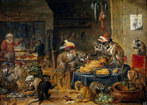 David Teniers.Banquete de monos. Alegoría de las actividades humanas.Óleo sobre tabla.25x34cm