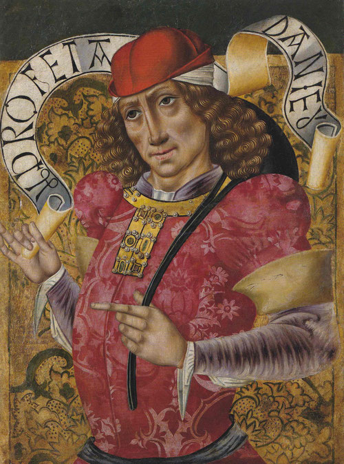 El Profeta Daniel, de estética cortesana en esta pintura religiosa, vaticinó el nacimiento  y muerte de Cristo.Su autor,el Maestro de San Nicolás, activo en Burgos 1490.