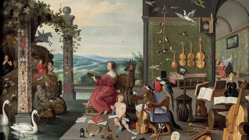 Brueghel el Joven.Alegoría del Oído.57x82cm.Col.privada.Análisis pormenorizado de los instrumentos de música de época, de viento, cuerda y percusión, destacan las violas de"braccio" y "gamba",los pájaros con su bello canto y Euterpe diosa de la música.