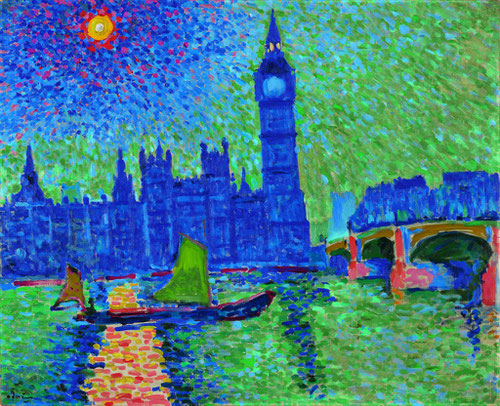 André Derain. Big Ben.Londres 1906.Sus viajes a la capital británica por encargo de Vollard,proporcionó una visión absolutamente renovada de la iudad,muy diferente a las pinturas que Manet había realizado.Icono turístico del Big Ben sobre el Tamesis.