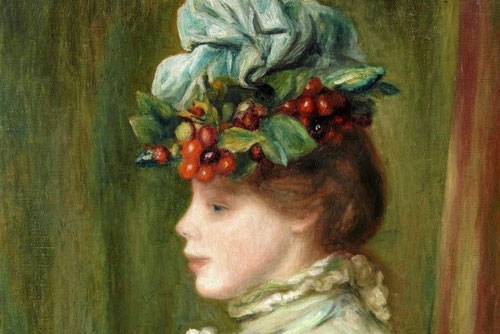 Renoir, Mujer con sombrero de cerezas, 1880.Óleo sobre lienzo. Uno de los retratos de perfil mas frecuente de medias figuras.Llama la atención la fisonomía humana. Pinceladas densas llenas de materia..