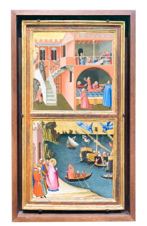 Ambrogio Lorenzetti.San Nicolás resucita a un niño y El milagro de los barcos de grano.1332-34. Temple y pan de oro sobre tabla,96x53cm.Florencia Galeria Uffizi.Un rasgo de la pintura trecentista que marca el carácter polimatérico,una sofisticada técnica.