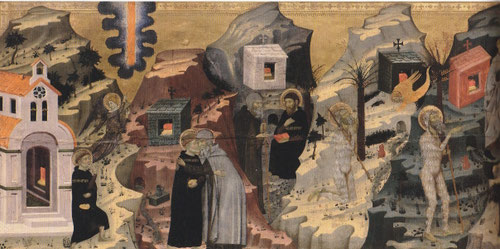Maestro de San Onofre, Francesc Serra?. Historia del ermitaño 1355-60.Temple y pan de oro sobre tabla 65x2,75cm. Barcelona Iglesia Catedral Metropolitana.La secuencia del santo vestido con hábito religioso  abandona el monasterio  guiado por una luz.
