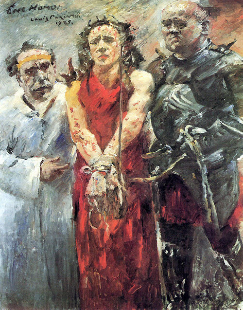  Ecce Hommo de Lovis Corinth,1925.Dedica una atención particular a la Pasión y muerte de Cristo, pincelada violenta cercana al expresionismo,gran libertad a la hora de expresar iconografía tradicional,colores desenfocados,difusión de formas.