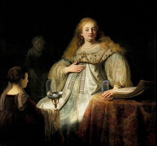 Rembrandt.Judit en el banquete de Holofernes 1634Sobre fondo oscuro engalanada la heroina bíblica Judit con mirada desafiante reivindica lo propiamente holandes frente a los españoles.Contraste dramático de la luz antes de cortarle la cabeza a Holofernes.