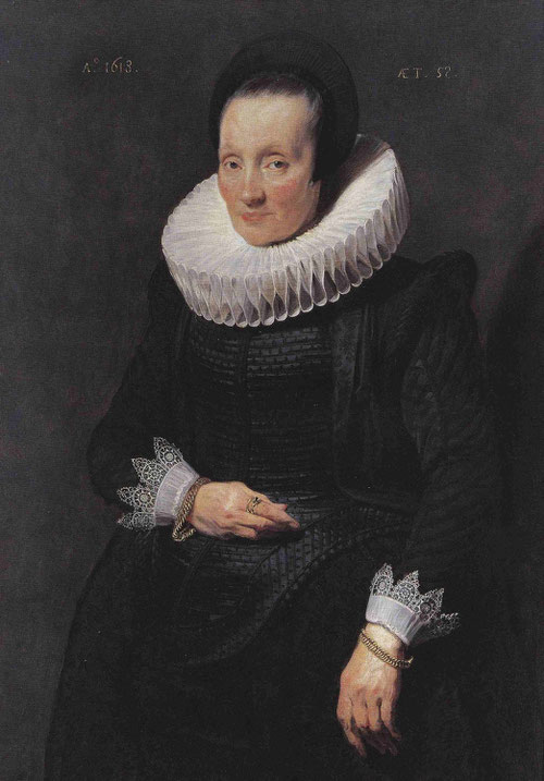 Van Dyck,1518.Retrato de mujer de 58 años,Liechtenstein. Lleva el distintivo de la Casa para impedir la dispersión de la colección, fue uno de sus primeros encargos como maestro del gremio de pintores de Amberes.De negro con gola y puños blancos.