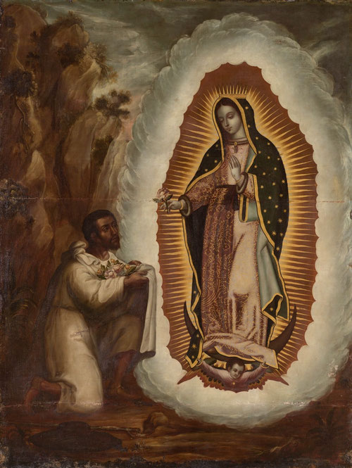 Atribuido a Juan Correa,La imagen de Nuestra Señora de Guadalupe  estampada en la tilma de Juan Diego. Museo Nacional de Escultura de Valladolid.Ponía el foco en el milagro "per sé" con el mensajero Juan Diego y la idiosincrasia criolla.