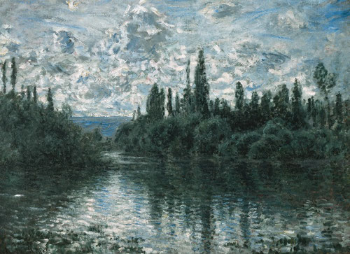 Claude Monet.Brazo del Senaa cerca de Vétheuil.1878.Òleo sobre lienzo.60x80cm.Colección Pérez Simón. Aumentaba la cantidad de lienzos pintados de un sólo motivo con variaciones de luz,tonos frios del amanecer.