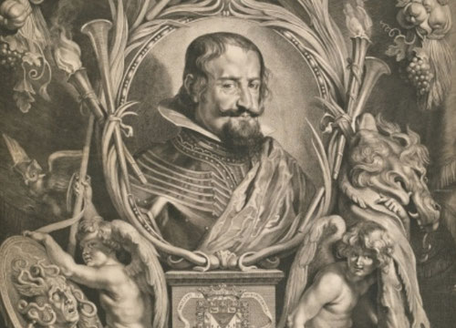 Retrato de Don Gaspar de Guzman, Conde-Duque de Olivares,1625. Primer ministro de Felipe Iv y por tanto una de las personalidades mas poderosas de Europa..Las palmas,trompetas simbolizan su fama.