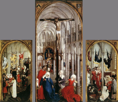 En el interior de una catedral gótica, van der Weyden interpreta simultaneamente los 7 sacramentos con la Crucifixión, fruto de la redención serán los sacramentos, vida de gracia.Gigantescas dimensiones de Cristo,mientras 7 angeles sobrevuelan las escenas