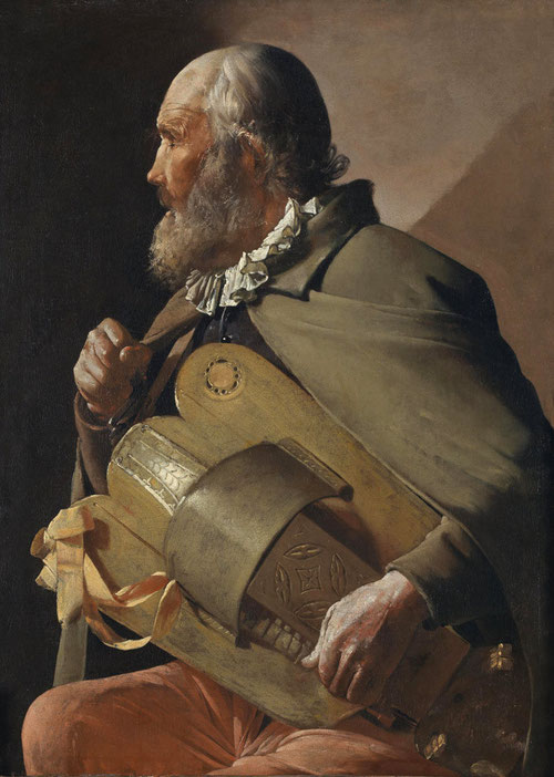  Ciego tocando la zanfonia.84x61cm.Museo del Prado.La Tour lo presenta de tres cuartos, vestido de notable dignidad.Rostro tostado con profundas arrugas,silueta de perfil que refuerza aún mas su soledad.