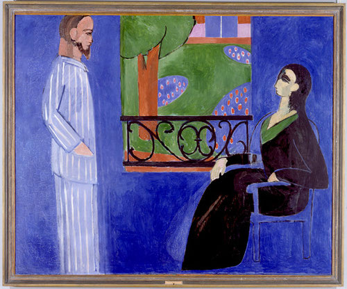 Henri Matisse. La conversación. Oleo sobre lienzo.1909, de intensidad expresiva extraordinaria con un solo color.Elemento azul que brota con belleza.Líneas rectas del hombre y curvas de la mujer y el árbol de la vida en medio.