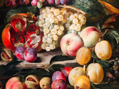 Abraham Brueghel.Naturaleza muerta con fruta y ave exótica.1670Óleo sobre lienzo.70x84cm.Colección privada en Delft. Este género plasma un culto a lo insolito, exótico y valioso para el gusto de las clase de burguesís creciente.