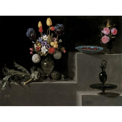 Juan Van der Hamen y Leon.Bodegón con alcachofas, flores y recipientes de vidrio 1627.Óleo sobre lienzo 81x110cm.Museo del Prado Madrid.