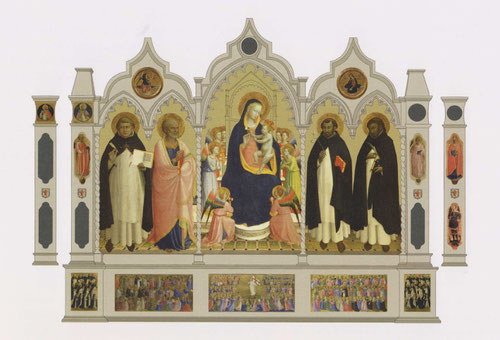 Propuesta de reconstrucción del retablo mayor de la Iglesia de San Domenico en Fièsole.La Virgen y el Niño entronizados con 8 ángeles y S Tomás de Aquino, Bernabé,Domingo y S Pedro mártir.Abajo la predela La Virgen con los Apóstoles,Docores de la Iglesia.