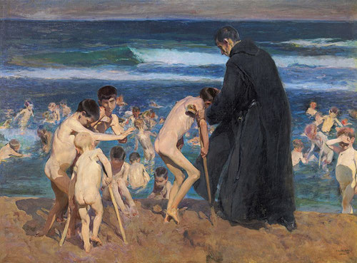 Joaquin Sorolla. Triste herencia!. 1899. Obra galardonada en la Exposición Universal de Paris. Lacra de miserias fisiológicas que los Hermanos de San Juan de Dios dan como lección silenciosa de humanidad ante un soberbio pedazo de mar.