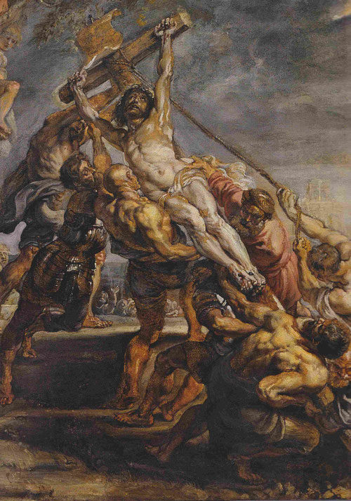 La elevación de la Cruz.Óleo sobre papel montado en lienzo.Toronto Art Gallery.Detalle del boceto que Rubens pintó a escala monumental para una Iglesia de Ambers.Le ayudó a conseguir el encargo para StaWallburga su amigo comerciante Cornelis Geest.