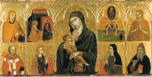 Barnaba da Modena.Dossale de la Virgen de la Leche,1369-72.Temple y pan de oro sobre tabla.106x223cm.Museo de la Catedral de Murcia.Juana Manuel de Villena esposa de EnriqueII, linaje poderoso de Murcia esta efigiada en la tabla.