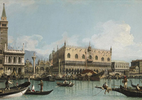 Giovani Antonio canal,Canaletto.Muelle de Venecia próximo a la plaza de San Marcos, 1729.Pintor más famoso de Vedute de Venecia.Dos célebres columnas con las estatuas de San Marcos y de San Teodoro, ambos patronos de la ciudad.