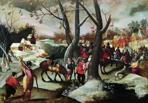 Marten van Cleve.Paisaje invernal con la matanza de los inocentes.1570.Óleo sobre tabla.74x106cm.Colección privada en Bélgica.