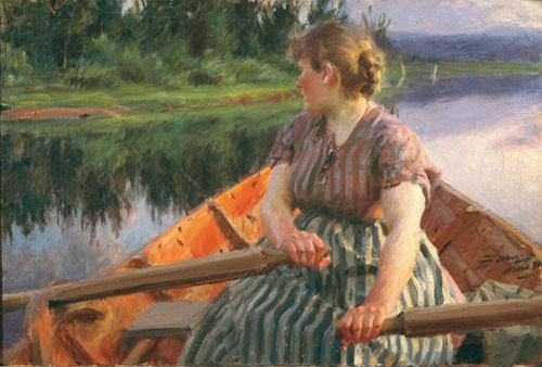 Anders Zorn. Medianoche 1891.Óleo sobre lienzo.69x102cm.Mora Zornmuseet. La escena bañada con la luz cenital nórdica de medianoche casi surrealista y misteriosa protagonizada por una mujer en perspectiva casi cónica en su bote quien dirige la mirada atrás