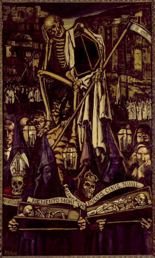 La procesión de la muerte de Gutiérrez Solana, 1930. Museo Reina Sofía. Ofrece el reflejo macabro de las vanitas de Valdés Leal, composiciones barrocas con el fin de recordar al espectador la fugacidad del tiempo-tempus fugit- y la inminencia de la muerte